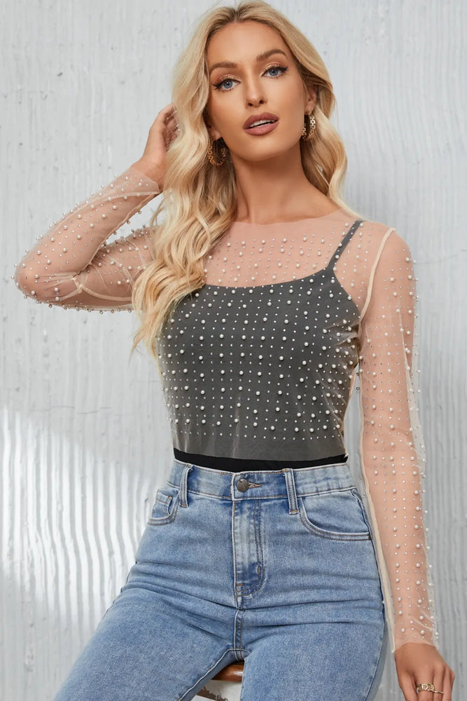 Pearl Long Sleeve Mesh Cropped Top - Byyde