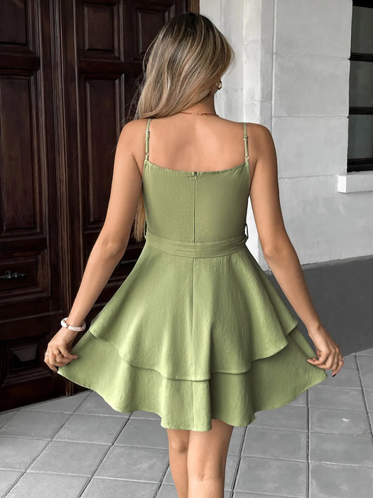 Ruffle Layered Cami Mini Dress with Bow Belt - Byyde