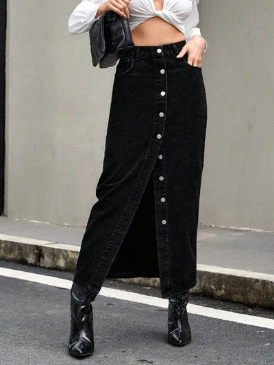 Button Front Denim Skirt - Byyde