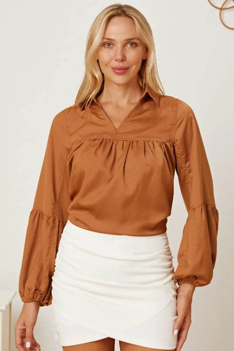 Balloon Sleeve Collared Neck Blouse - Byyde