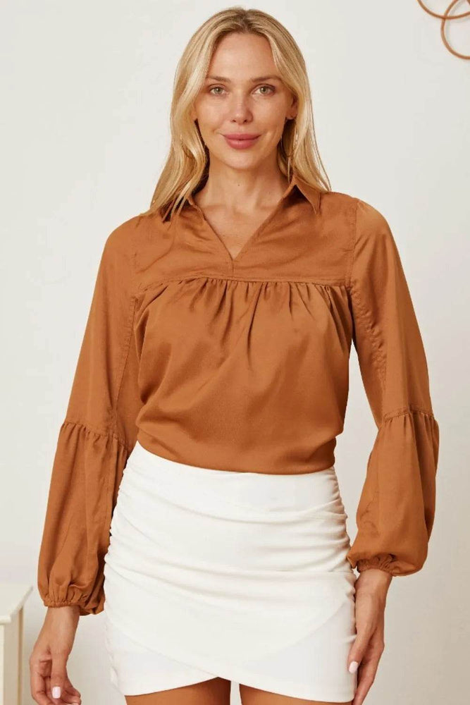 Balloon Sleeve Collared Neck Blouse - Byyde