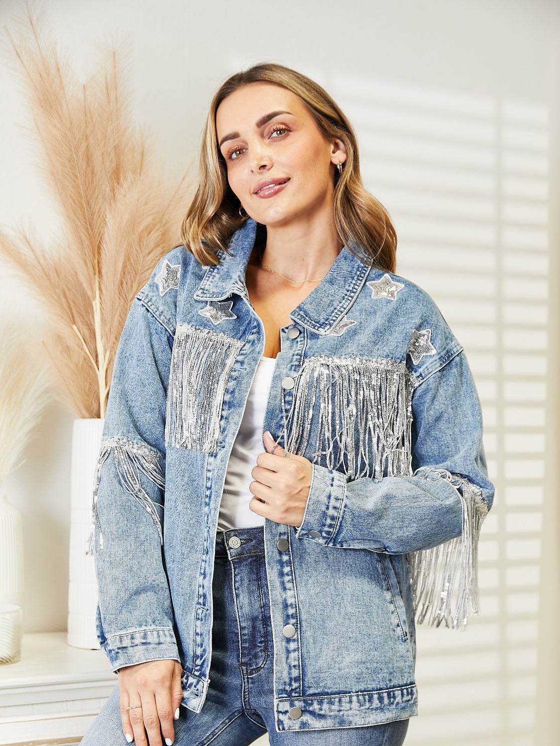 Fringe Detail Long Sleeve Denim Jacket - Byyde