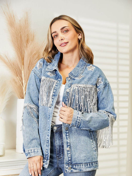 Fringe Detail Long Sleeve Denim Jacket - Byyde
