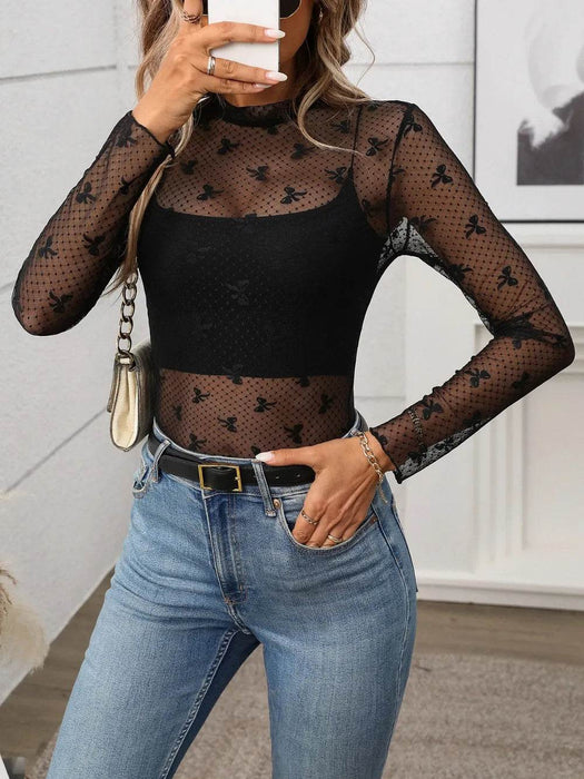 Floral Mock Neck Long Sleeve Mesh Top - Byyde