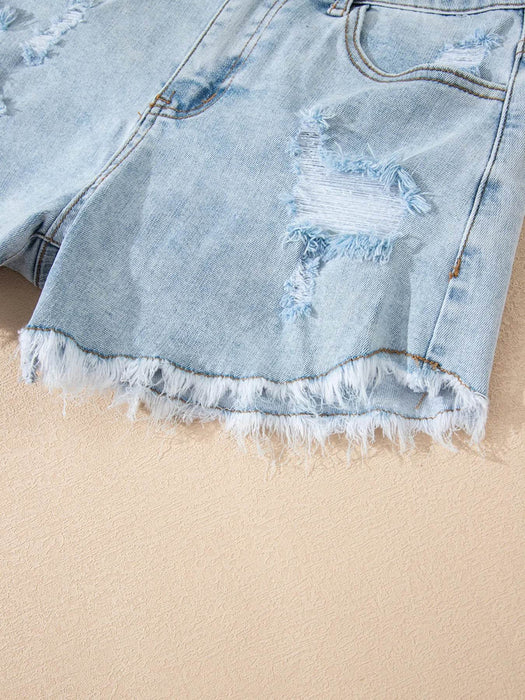 High Rise Distressed Raw Hem Denim Shorts - Byyde