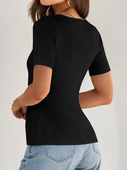 Ribbed Square Neck Short Sleeve Knit Top - Byyde