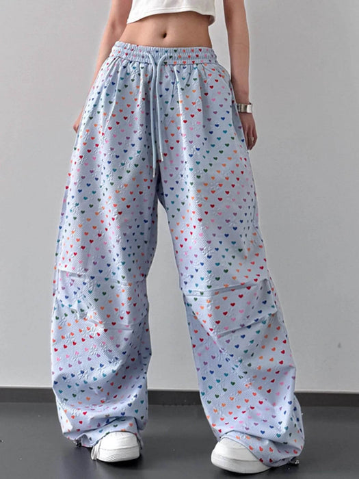 Heart Print Drawstring Wide Leg Pants - Byyde