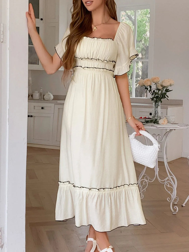 Square Neck Puff Sleeve Ruffle Trim Maxi Dress - Byyde