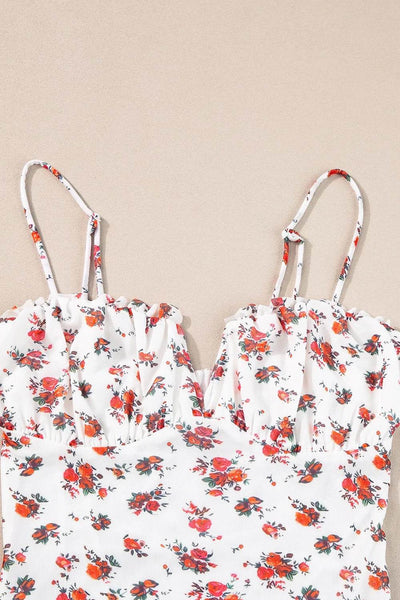 Floral Frilled Trim Spaghetti Straps Bodysuit - Byyde