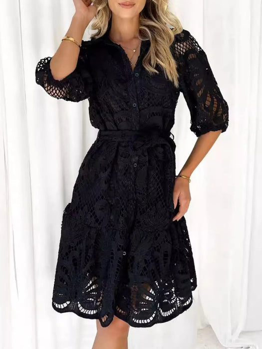 Lace Tie Waist Half Sleeve Dress - Byyde