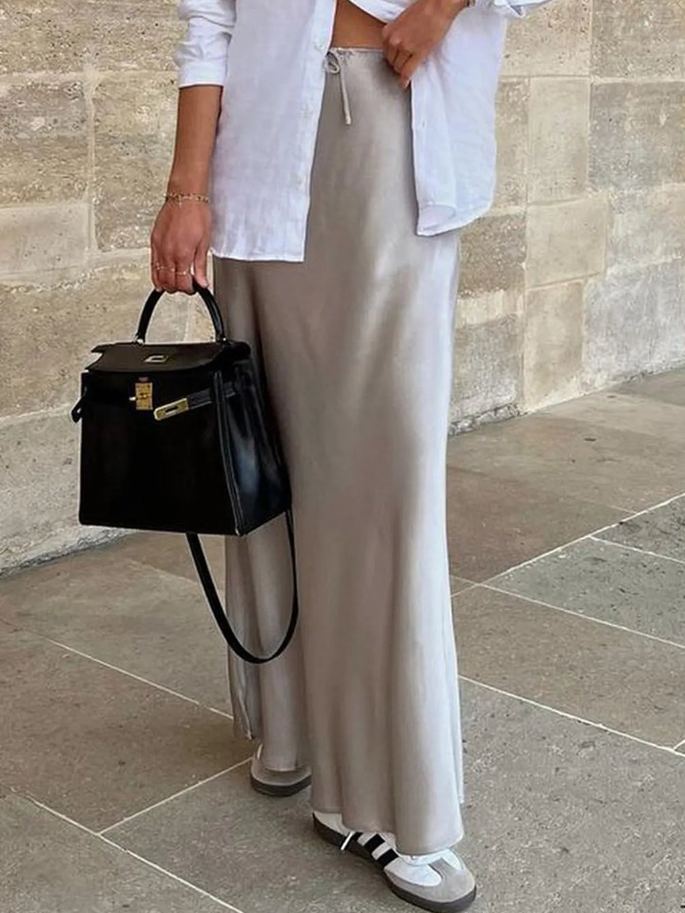Satin Maxi Skirt with Drawstring Waist - Byyde