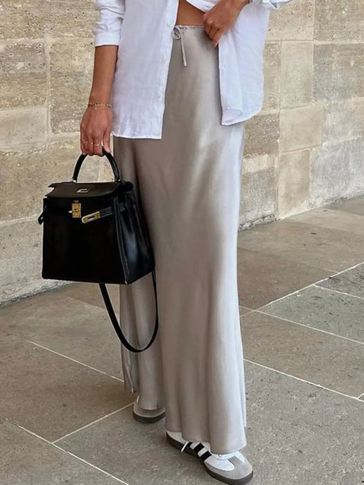 Satin Maxi Skirt with Drawstring Waist - Byyde