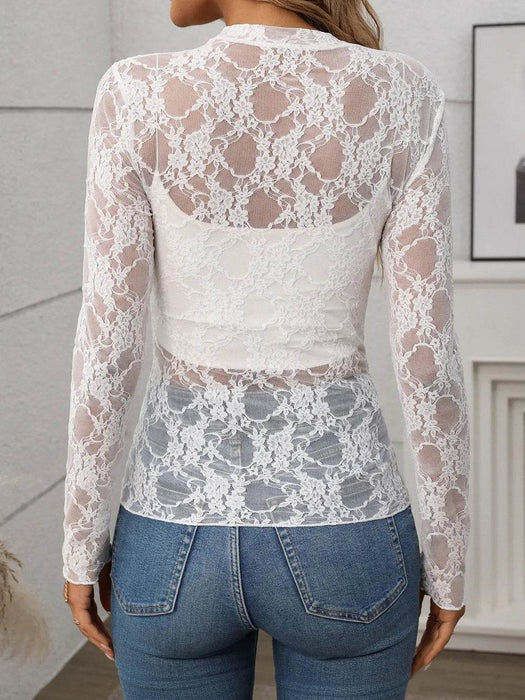Floral Mock Neck Long Sleeve Mesh Top - Byyde
