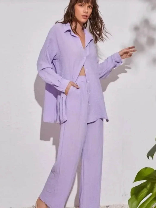 Button Up Long Sleeve Shirt and Pants Set - Byyde