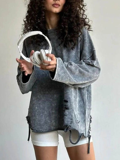 Distressed Oversized Long Sleeve Sweatshirt - Byyde