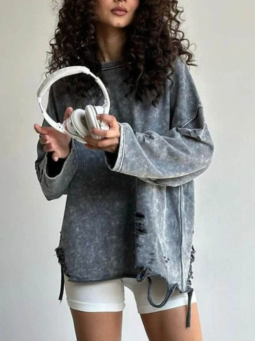 Distressed Oversized Long Sleeve Sweatshirt - Byyde