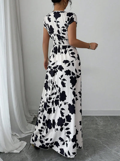 Printed Surplice Cap Sleeve Maxi Dress - Byyde