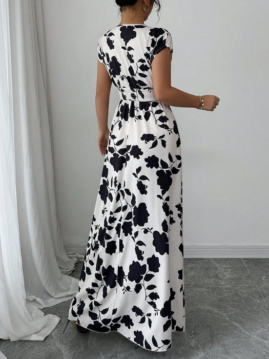 Printed Surplice Cap Sleeve Maxi Dress - Byyde