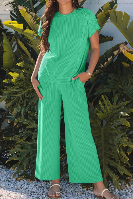Ribbed Knit Round Neck Top and Pants Casual Set - Byyde
