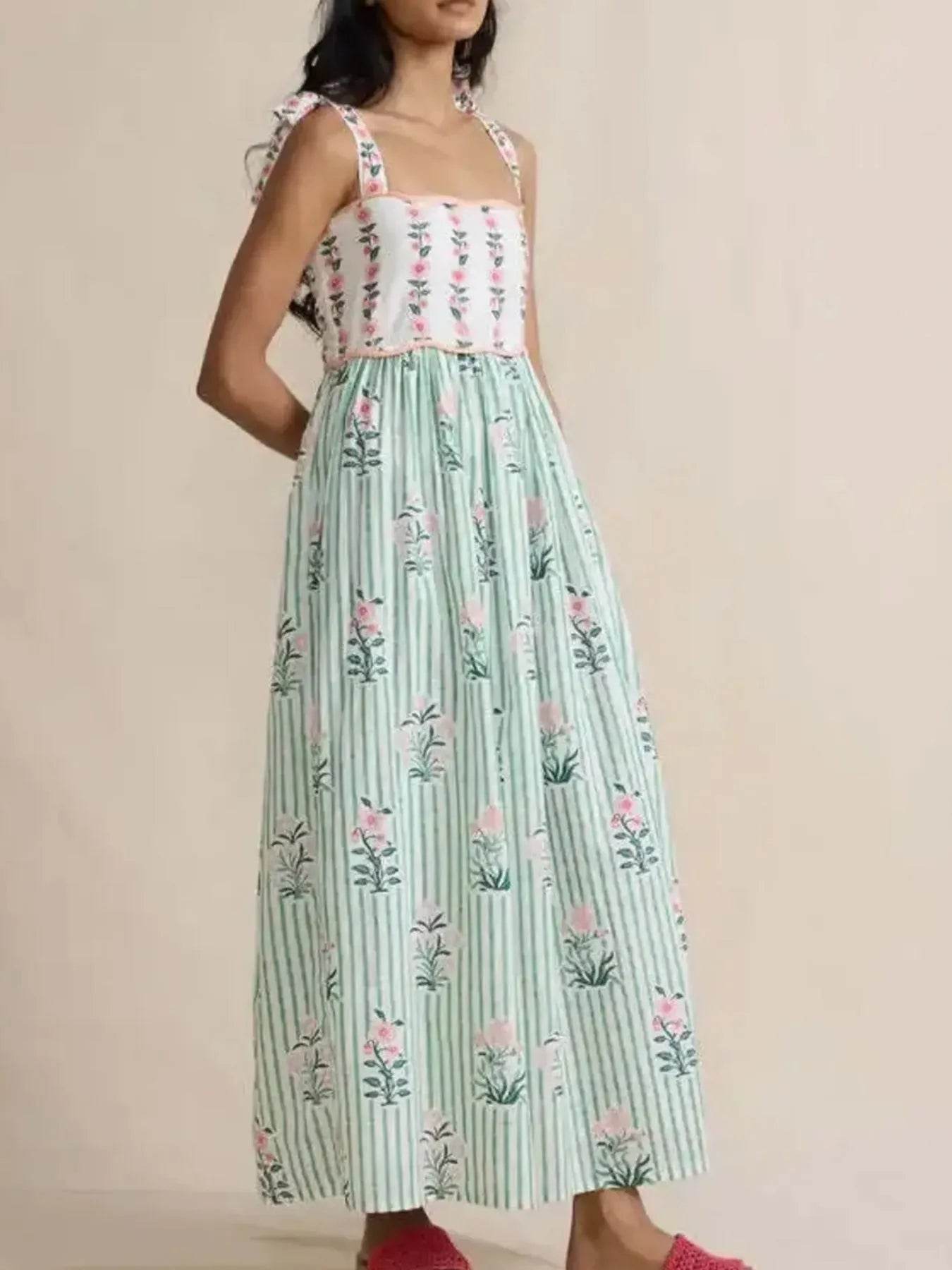 Floral Striped Maxi Cami Dress with Tie Straps - Byyde