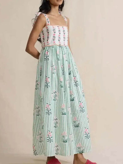 Floral Striped Maxi Cami Dress with Tie Straps - Byyde