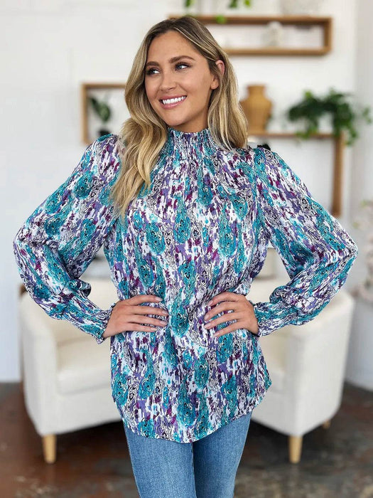 Double Take Full Size Printed Smocked Long Sleeve Blouse - Byyde
