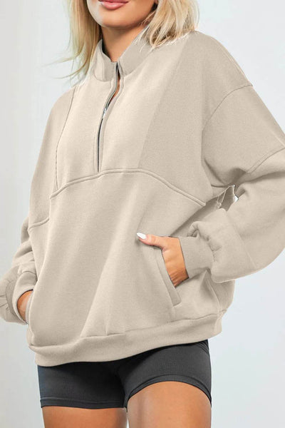 Half Zip Drop Shoulder Long Sleeve Sweatshirt - Byyde