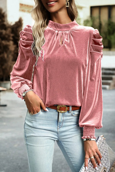 Tie Up Mock Neck Velvet Fabric Long Sleeve Blouse - Byyde