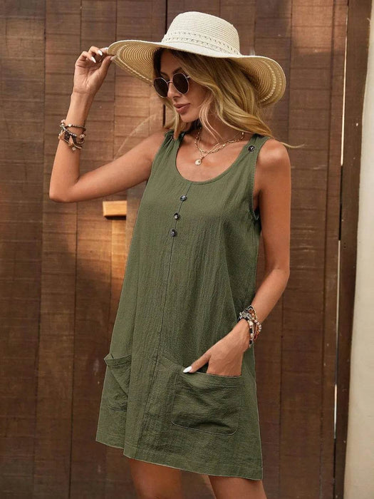 Decor Button Mini Tank Dress with Pockets - Byyde