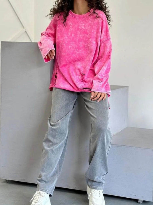 Distressed Oversized Long Sleeve Sweatshirt - Byyde