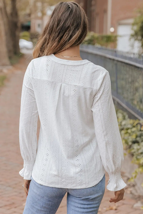 Openwork Notched Flounce Sleeve Blouse - Byyde