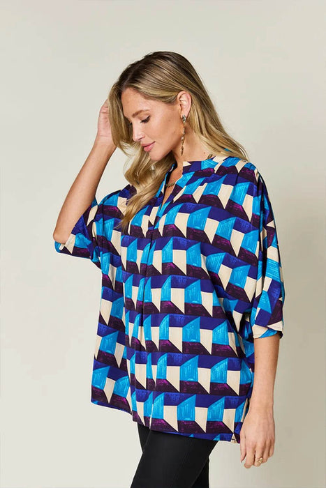 Double Take Full Size Geometric Notched Half Sleeve Blouse - Byyde