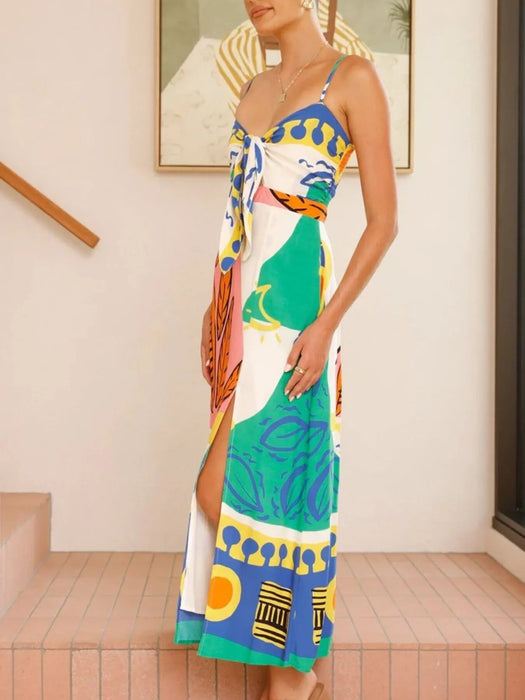 Tied Front Printed Slit Maxi Cami Dress - Byyde