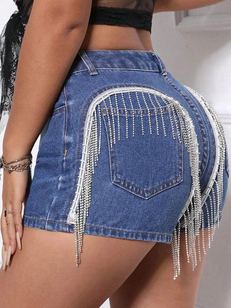 Fringe Back Denim Shorts with Pockets - Byyde