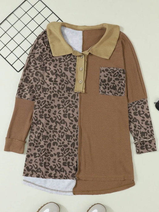 Half Button Leopard Collared Neck Blouse - Byyde