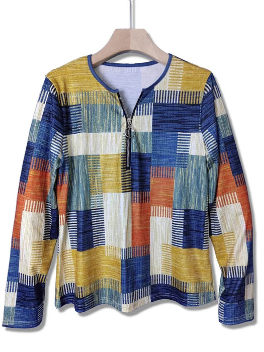 Color Block Zip Front Long Sleeve Top - Byyde