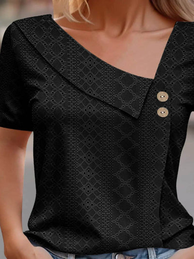 Eyelet Asymmetrical Short Sleeve T-Shirt - Byyde