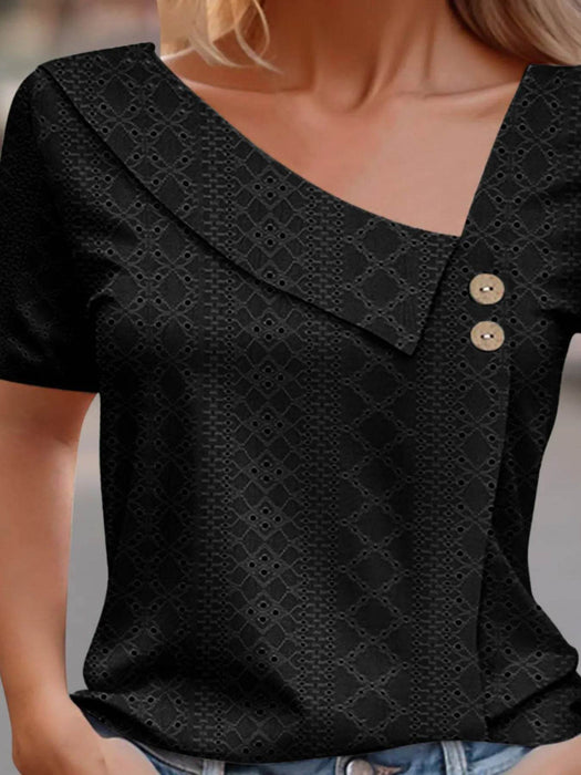 Eyelet Asymmetrical Short Sleeve T-Shirt - Byyde