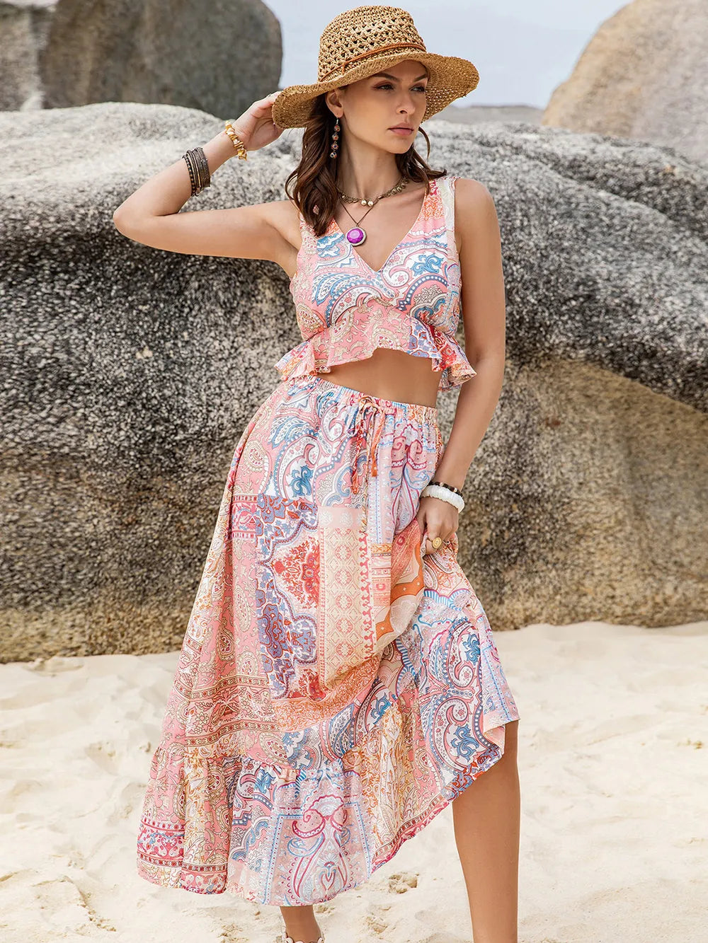 Printed V-Neck Top and Midi Skirt Set - Byyde