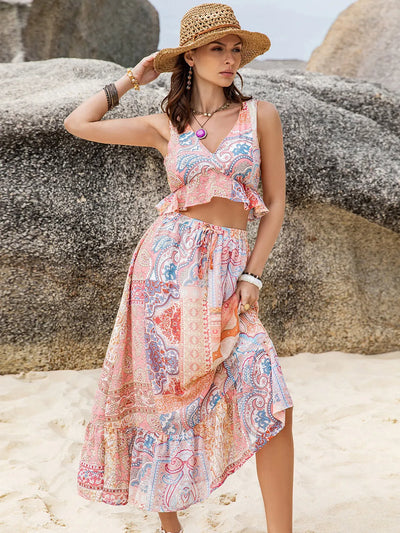 Printed V-Neck Top and Midi Skirt Set - Byyde