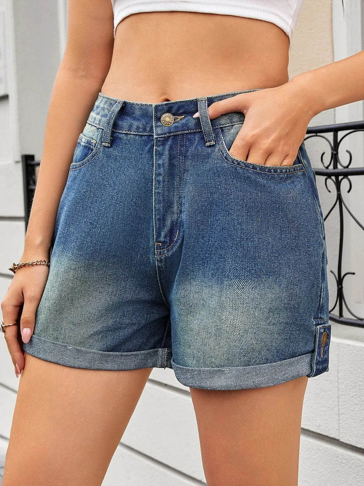 High Waist Rolled Hem Gradient Denim Shorts - Byyde