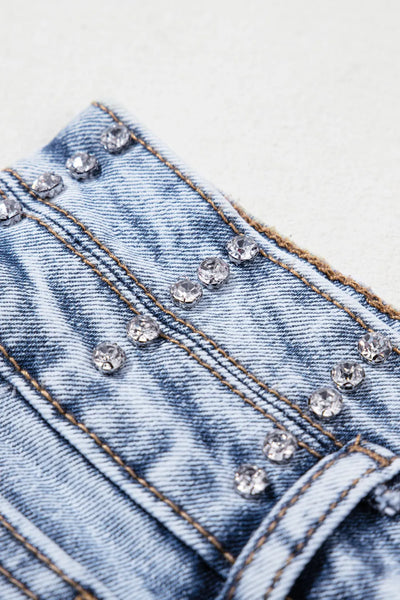 Rhinestone Light Wash Raw Hem High Waist Denim Shorts - Byyde