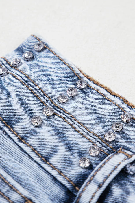 Rhinestone Light Wash Raw Hem High Waist Denim Shorts - Byyde