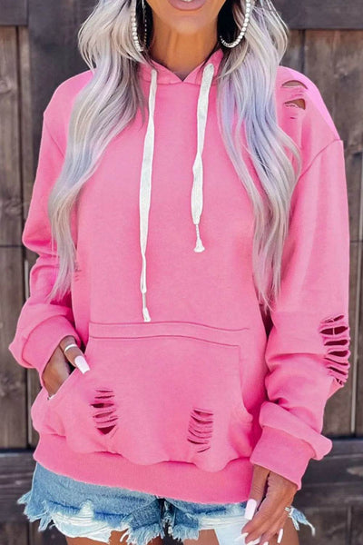 Distressed Drawstring Long Sleeve Hoodie - Byyde