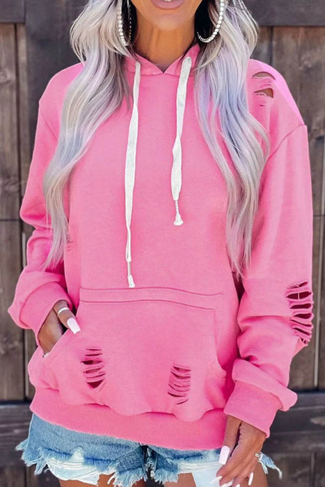 Distressed Drawstring Long Sleeve Hoodie - Byyde