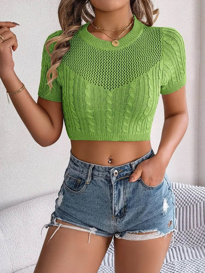 Cable Knit Openwork Round Neck Knit Top - Byyde