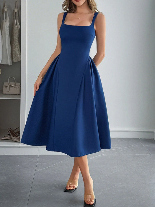 Square Neck Wide Strap Midi Dress - Byyde