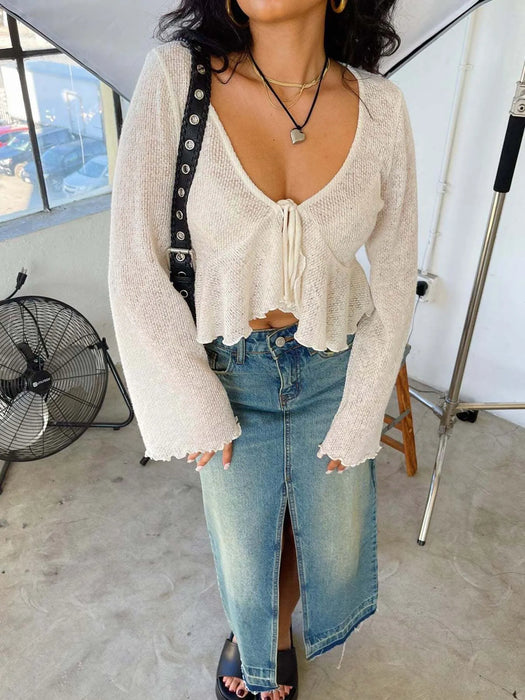 Ruffled Hem Tie-Front Cropped Cardigan - Byyde