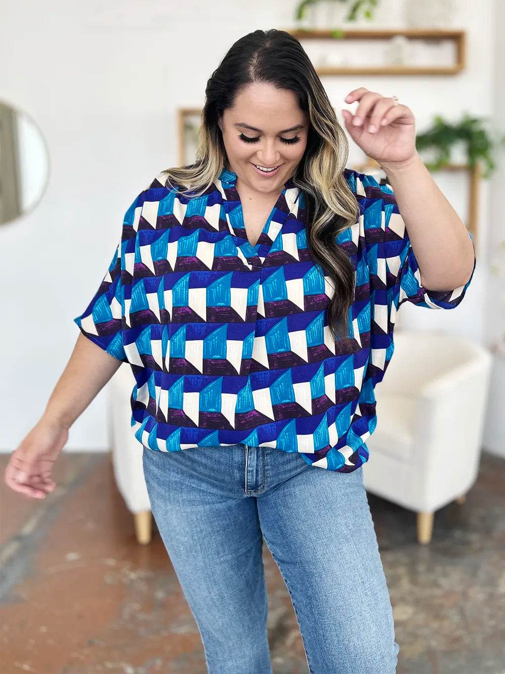 Double Take Full Size Geometric Notched Half Sleeve Blouse - Byyde