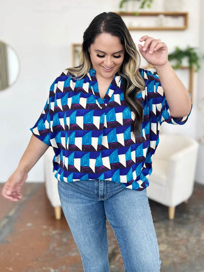 Double Take Full Size Geometric Notched Half Sleeve Blouse - Byyde